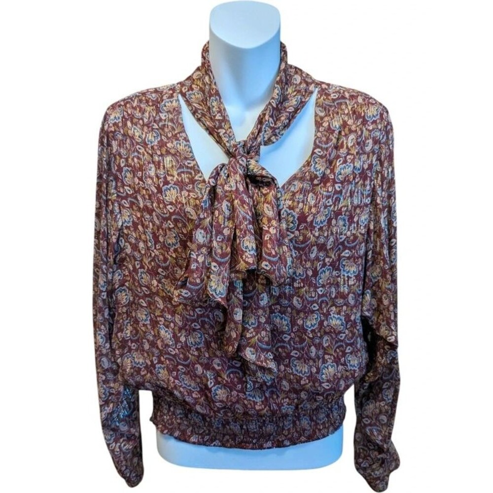 Ramy Brook V-Neck Tie Blouse in Burgundy Paisley